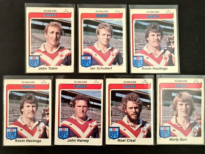 7 x EASTERN SUBURBS ROOSTERS 1980 NSWRL SCANLENS RUGBY LEAGUE TRADING CARDS