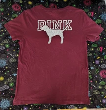 🩵Victoria's Secret PINK Logo Pocket SEQUIN MAROON T-Shirt Women's Large Shirt🩵