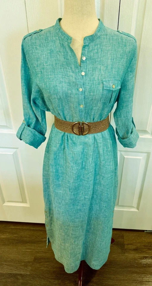 Vestido 100 % lino, mediano, midi-maxi, azul aguamarina vibrante, manga 3/4, aberturas laterales de 14" Foto 2 de 4