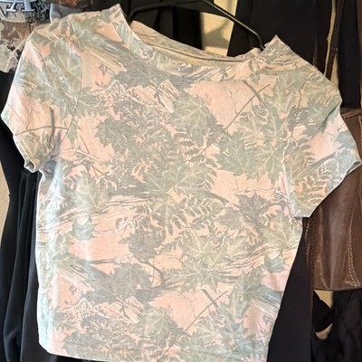 EST.PAC. Women's Pink Green Leaf Print Cropped Crew Neck Short Sleeve T-Shirt M