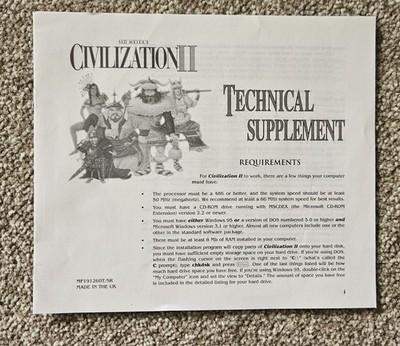  Sid Meier's Civilization II PC Technical Supplement Manual - 1996 UK MicroProse