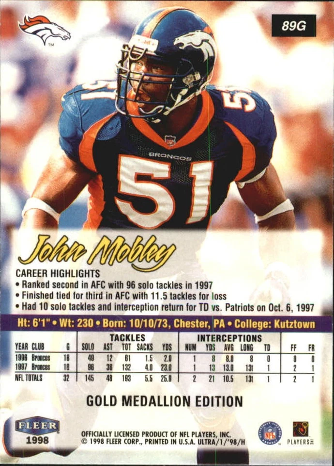 1998 Ultra Gold Medallion #89G John Mobley Card - Image 2 of 2
