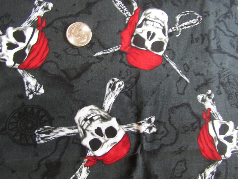 Vintage PIRATES Of The CARIBBEAN SKULLS On BLACK 2000's COTTON Fabric- over 2 yd