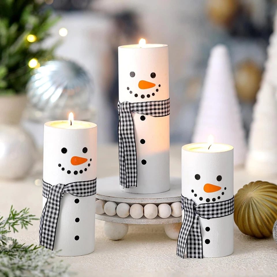 MTLEE 3 Pcs Snowman Wood Candle Holder Winter Tea Lights Candles Cute Style - Image 2 of 4
