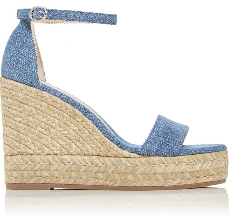 Stuart Weitzman Denim 1" Platform, Ankle Strap Floria, Wedge Buckle Espadrille
