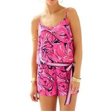 Lilly Pulitzer Deanna Romper in hot pink and navy tropical floral print Size XXS