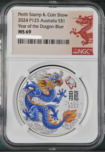 2024 Australia Stamp and Coin Lunar Blue Dragon 1 oz Silver Coin NGC MS 69