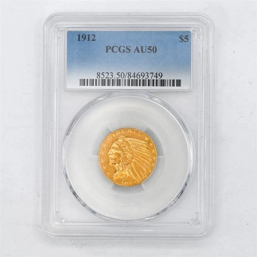 1912 $5 INDIAN HEAD US MINT 90% GOLD COLLECTIBLE COIN PCGS CERTIFIED AU50
