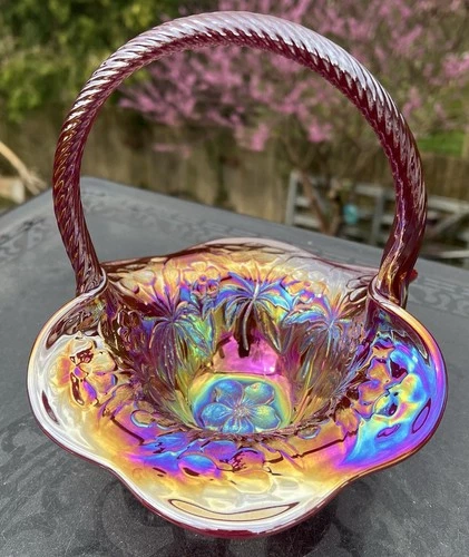 Electrified Fenton Carnival Glass Carolina Dogwood Basket - Blue - Purple +