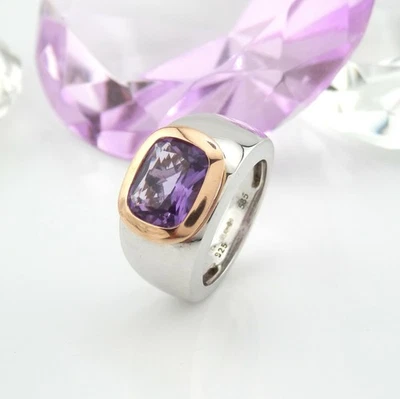Breiter Ring 925 Silber mit Fassung 585 Roségold 14K  1 Amethyst  Gr. 53 - Bild 1 von 4
