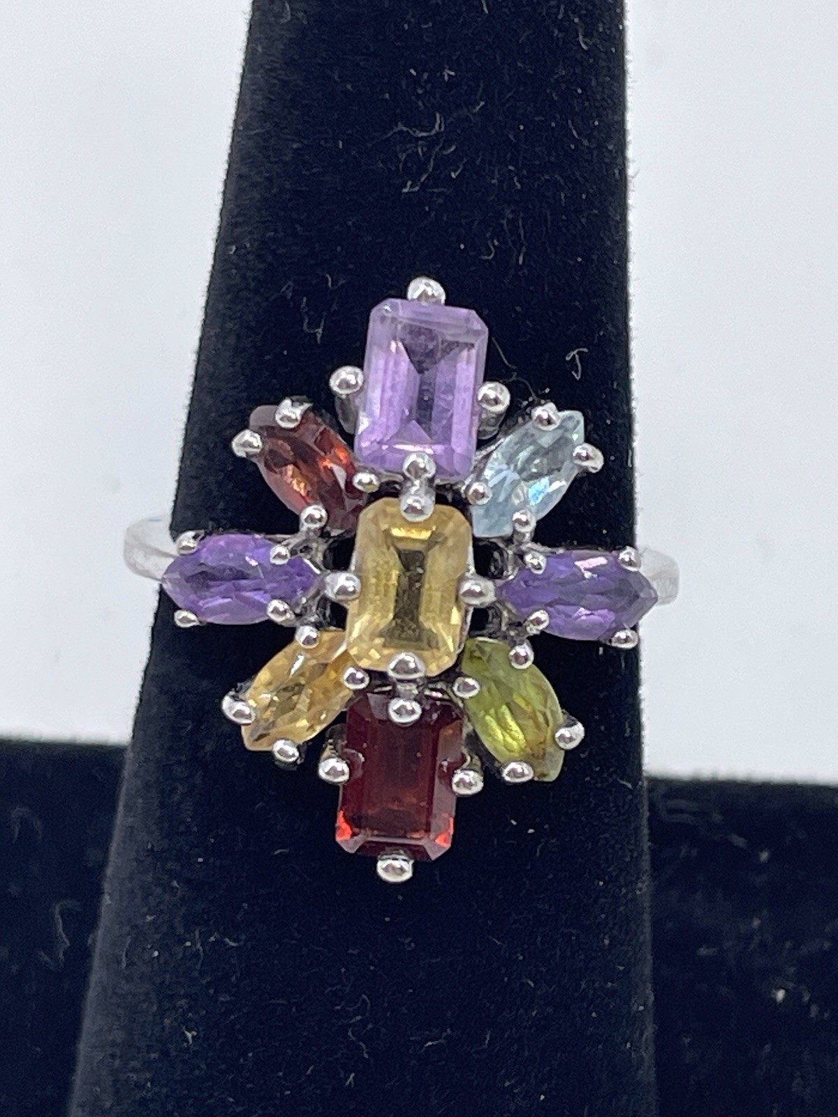 Sterling Silver Cluster Multi Stone Gemstone Ring… - image 1