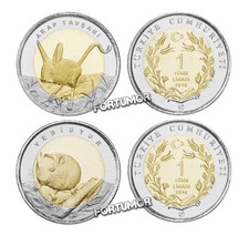 TURKEY 2016 SET 2 PCS UNC JERBOA / DORMOUSE 1 LIRA COMM. BIMETAL COIN
