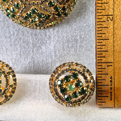 Vintage Vendome Brosche Ohrringe Set signiert Smaragd Peridot Rauchquarz Strass - Bild 15 von 22