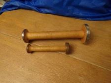 2 VTG Wooden Textile Mill Thread Bobbin Industrial Spindle Spools w/Metal Ends