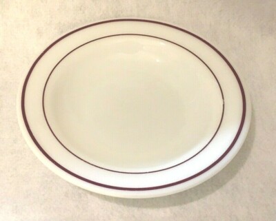 Vintage CORNING DECOR Milk Glass Double Burgundy Stripe Soup Rimmed Bowl *Maroon