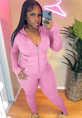 Women's Pink Zip Long Sleeves Hoody Top  High Waist Pants 2PCS Set Size Uk 14