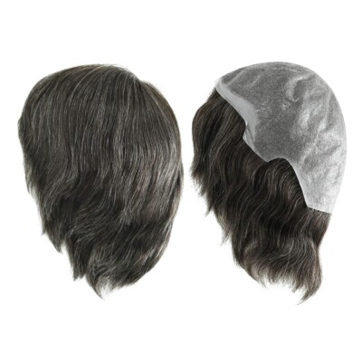 Mens Human Hair Full Head Wigs Thin Poly Skin Wig Medium Size 6'' #1B30