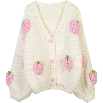 Kawaii Chunky Knit Strawberry Cardigan for Women   Cute Pink Fruit Sweater Tops