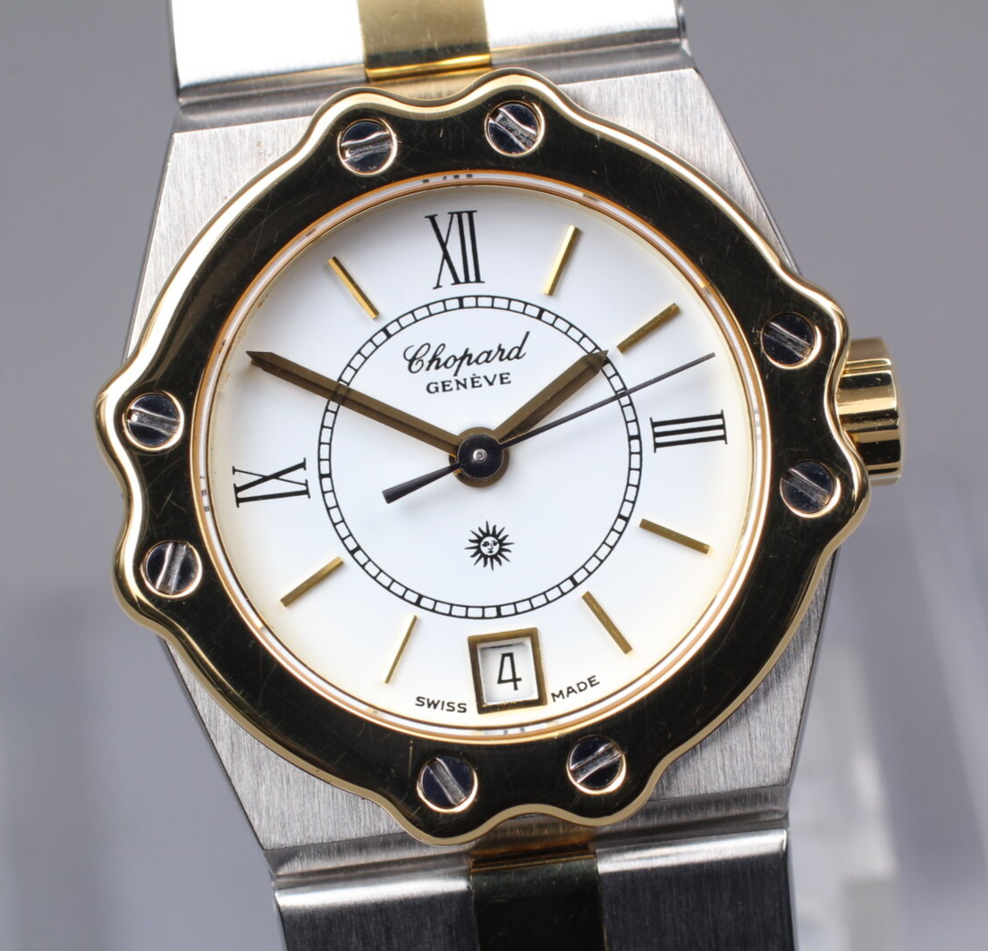[Near MINT] CHOPARD 8024 ST. MORITZ Quartz Date White Dial YG Ladies Watch JAPAN