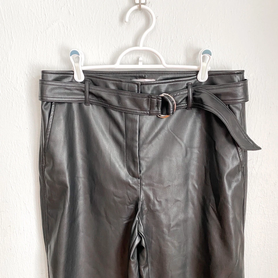 ANN TAYLOR LOFT BELTED SLIM TAPER PANTS BLACK Faux Leather Women’s 12 Belted - Image 3 of 4