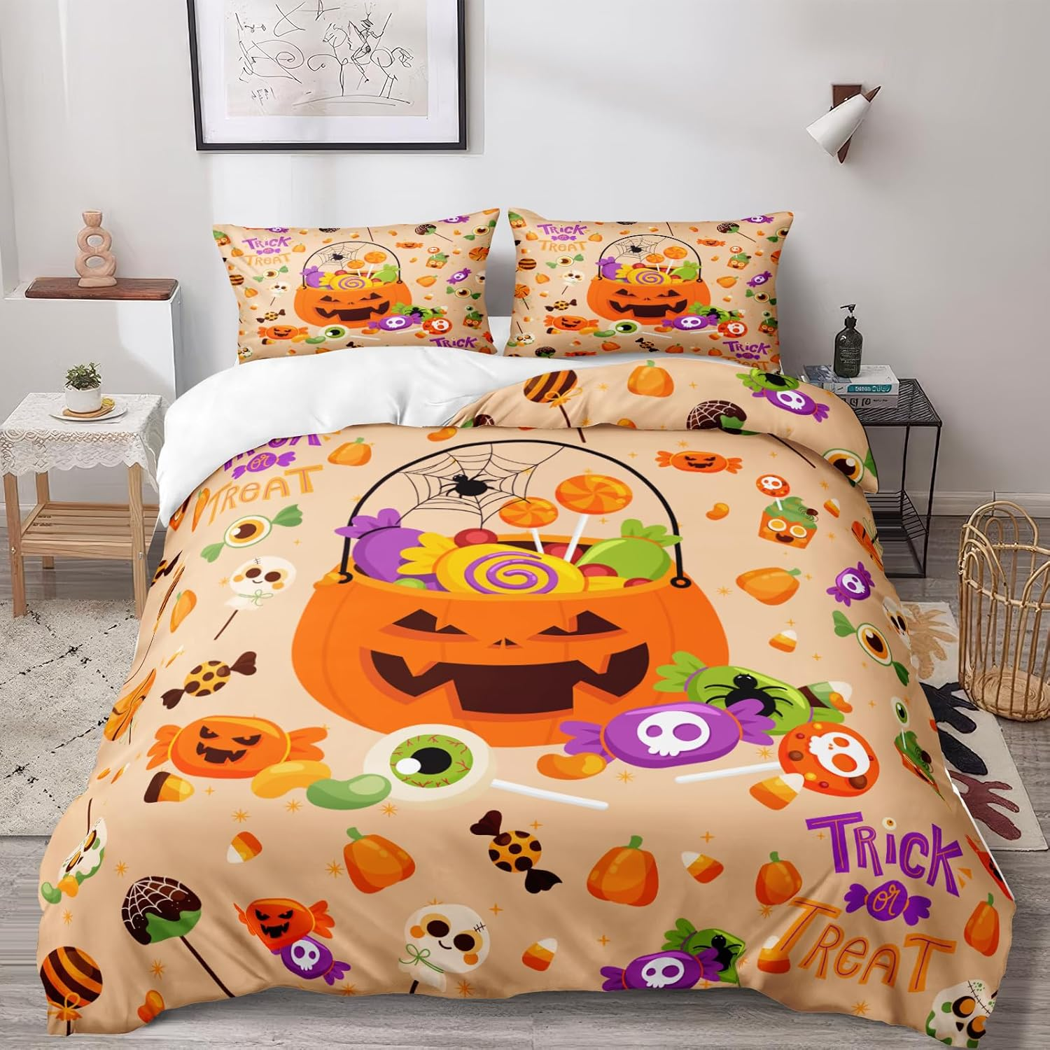 Halloween Bedding Set,Cute Halloween Duvet Cover Queen Size,Trick or Treat Carto