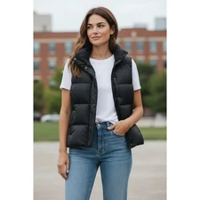 EILEEN FISHER PETITE Black Quilted Down Vest Funnel Neck Puffer Sleeveless PS