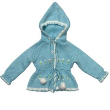 Vintage Baby Girl 12M Knit Sweater Hooded Cardigan Embroidered Floral Pom Pom