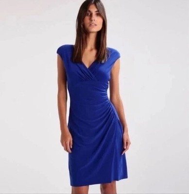 $159 Ralph Lauren Ruched Jersey Stretch Dress Faux Wrap Royal Blue 10 SMY26A