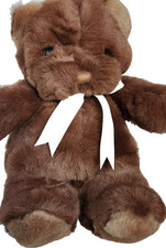 Vintage Russ Berrie Teddy Bear Plush Brown Satin Ribbon Stuffed Bear Korea 1980s