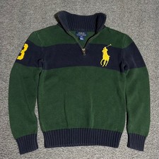 Polo Ralph Lauren Kids Big Pony Quarter Zip Sweater Green Navy Striped Size M