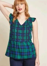 ModCloth Tartan Plaid Blouse Top Shirt Women's XL Buttons Flutter Sleeve