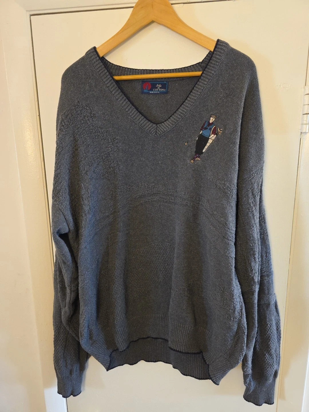 Vtg Isle of Cotton Sweater Golf Sz Large Textured Knit V Neck Pullover USA 90s
