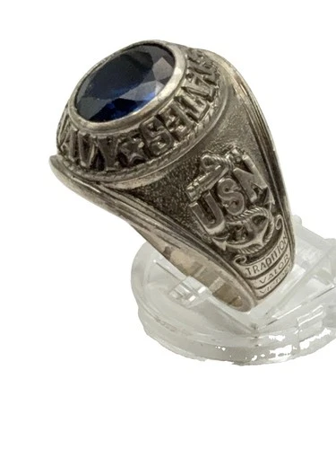 925 Sterling Silver Vintage Ring Blue CZ US Navy Veteran Eagle  Sz 15 / 20.4g