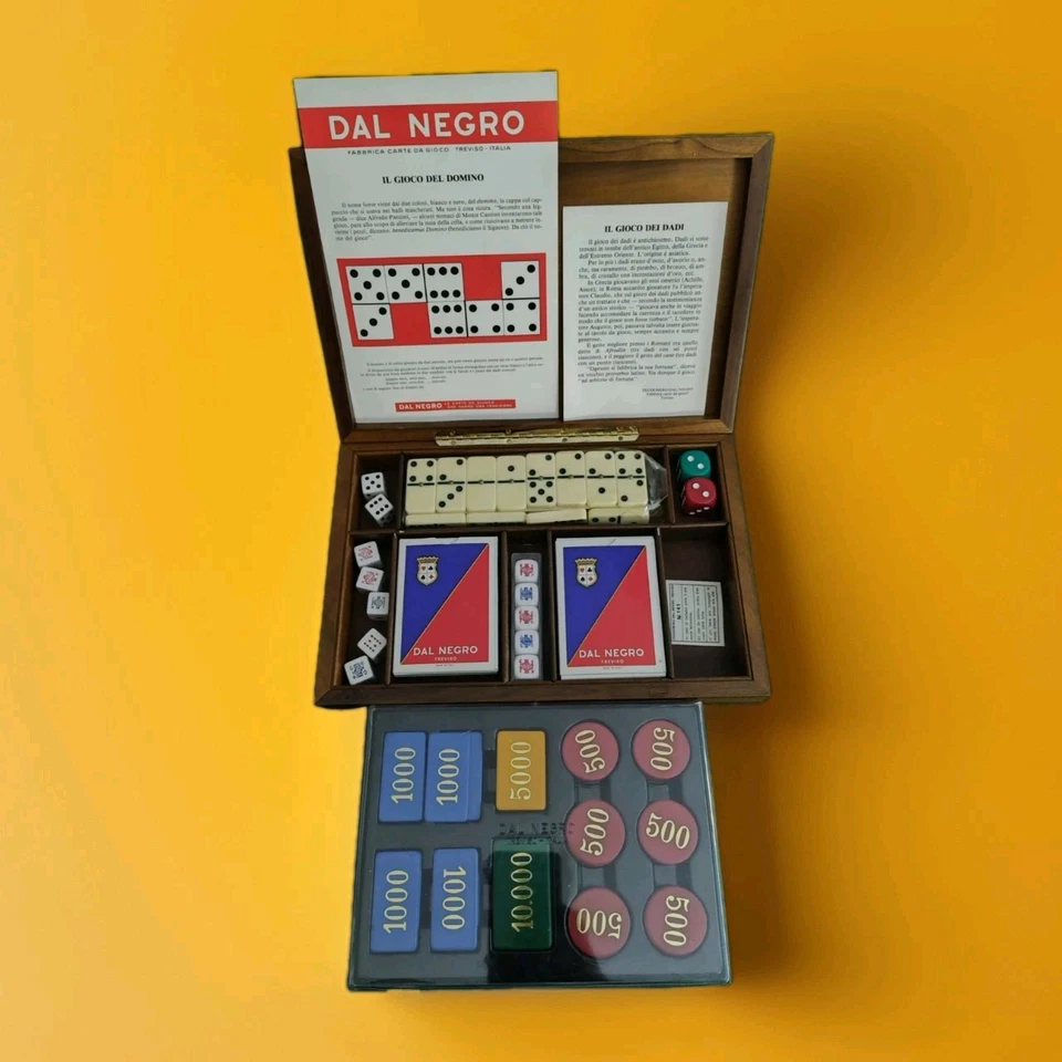 Boîte en bois cartes jeu + 120 jetons vintage noir Trévise dés dominos - Photo 1/4