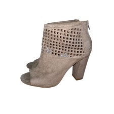 Womens Taupe Suede Peep Toe Block Heel Booties Cutout Zipper Size 8.5