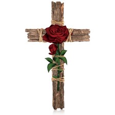 Chunful Wood Wall Cross with Hemp Rope Rose Wooden 13.8"L x 8.3"W,