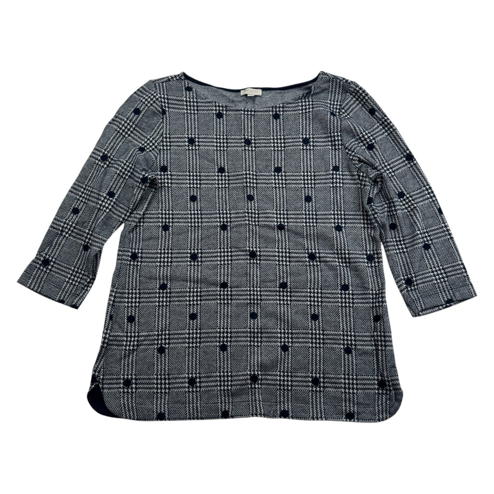 Talbots Boat Neck Navy Polka Dot Plaid Houndstooth Knit Sweater 3/4 Sleeve Sz SP