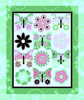 Fantasy Wings Butterfly Flower Green Pink CP41347  Wallhanging Fabric PANEL