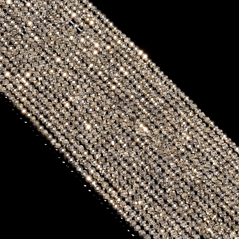 Cuentas facetadas redondas de piedras preciosas de pirita recubiertas de plata natural 3X3 mm hilo 13" EB418 Foto 2 de 2