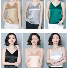 Women Satin Vest Lace Camisole Faux Silk Sleeveless Shirt Tank Tops Shiny V Neck