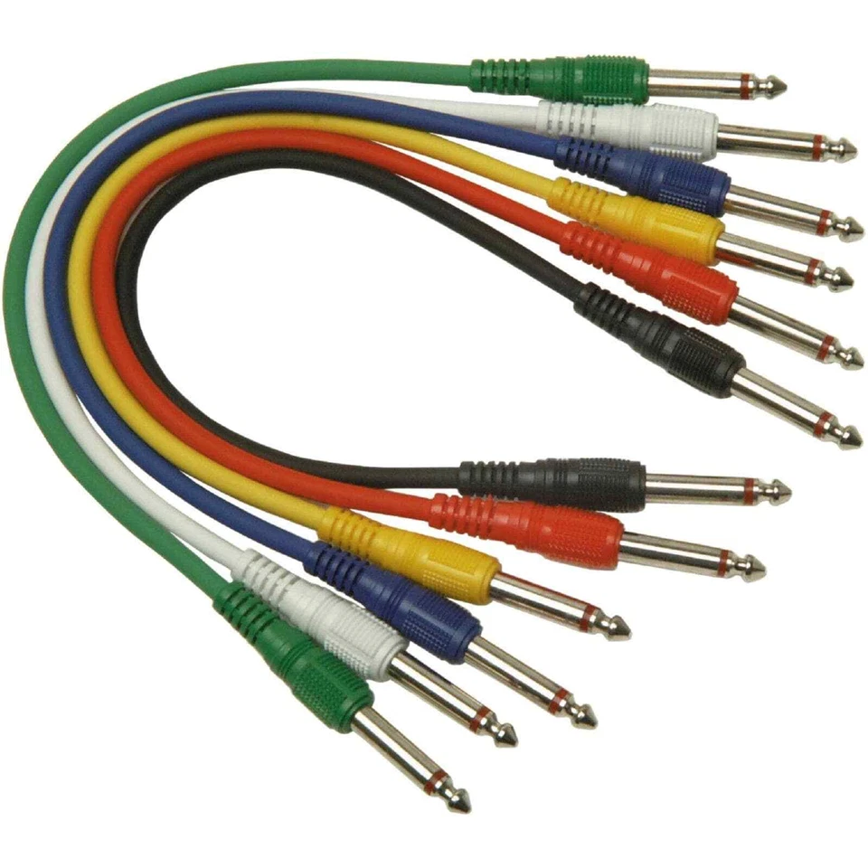 6x 1m Patch Leads 6.35mm Mono Jack Plug Guitar FX Pedal Assorted Coloured