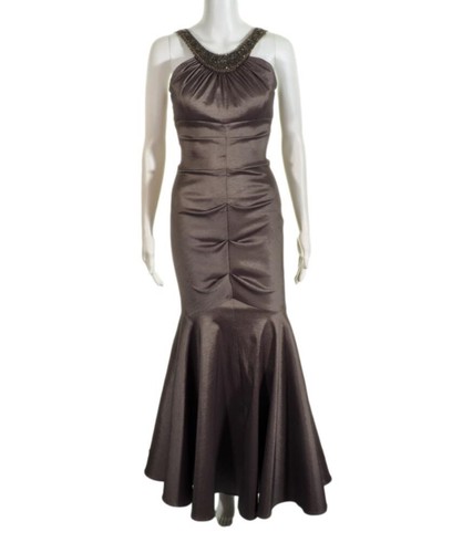Vestido de Noche Cache Talla 2 Acanalado Cuentas Bronce Abertura Sirena - Imagen 4 de 10