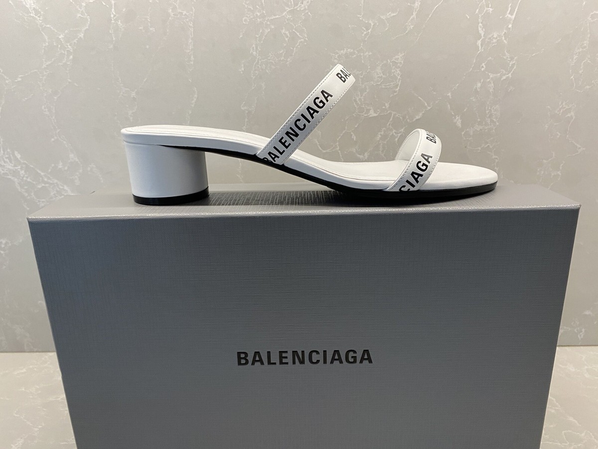 NEW WHITE & BLACK BALENCIAGA LOGO HEEL SANDAL SHOES SIZE 39 NEW WHITE & BLACK BALENCIAGA LOGO HEEL SANDAL SHOES SIZE 39