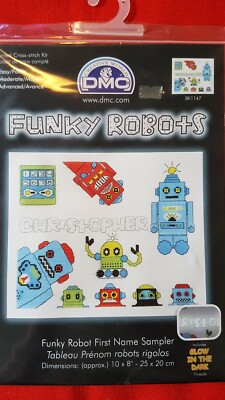 DMC KREUZSTICH-SET (EINIGE LEUCHTEN IM DUNKELN) ''FUNKY ROBOT FIRST NAME SAMPLER'' 