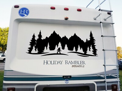 Bigfoot Forest Trees Scene V1 Vinyl Decal | RV Camper Travel Trailer | Sticker
