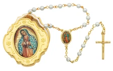 Lady of Guadalupe Gold Plated Blue Pearl Children Rosary First Communion Gift