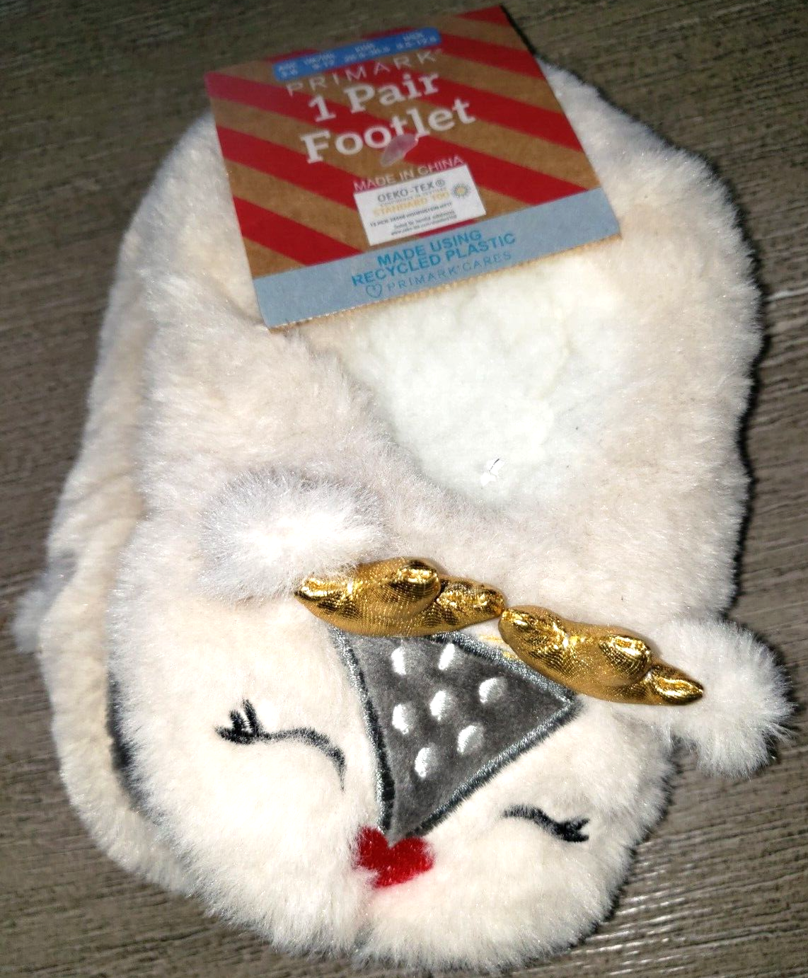 PANTOFOLA D’ORO bambina NUOVE PANTOFOLE NATALIZIE RENNE abbronzate età da 3 a 6 CORNA ORO CARINE!