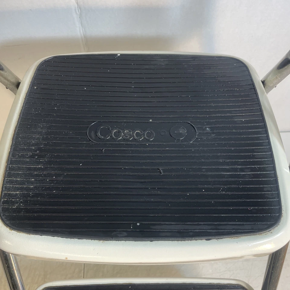 Vintage Cosco Folding Two Step Stool Metal Creamy White & Chrome MCM Kitchen - Image 2 of 4