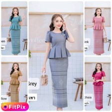 Dress Traditional Thai Cotton Long Women Skirt Blouse Ruffled Sarong Printed