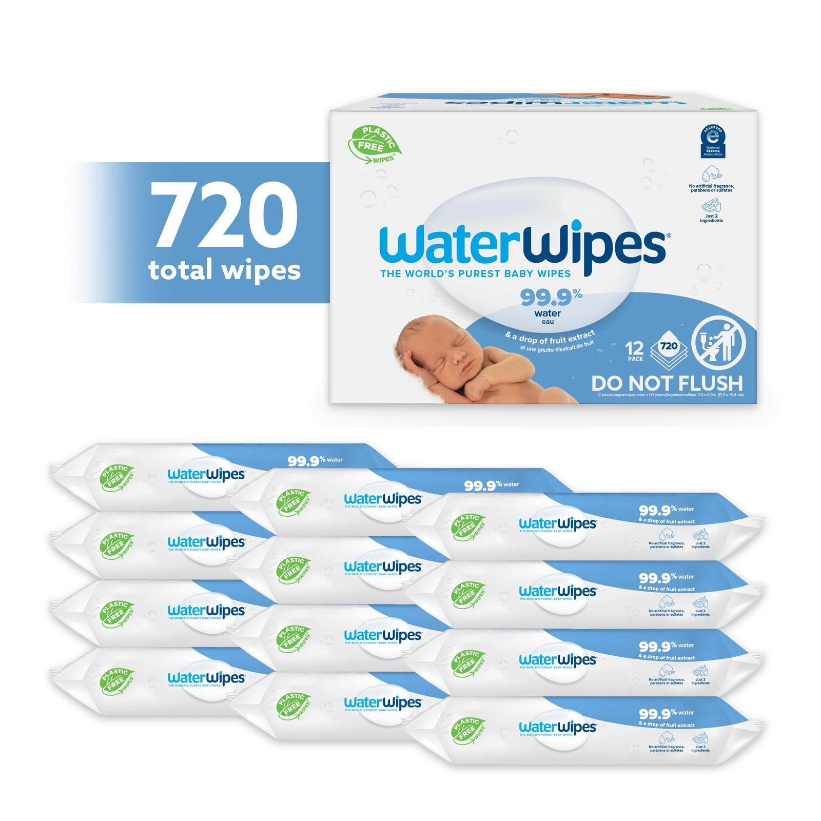 WaterWipes Original 99.9 Water Based Baby Wipes, 12 Resealable Packs